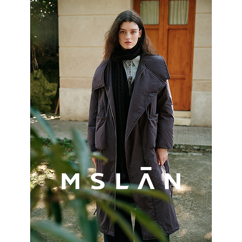 MSLAN都市暖绒斜门襟风衣式外套连帽保暖收腰白鸭绒羽绒服MHDW562