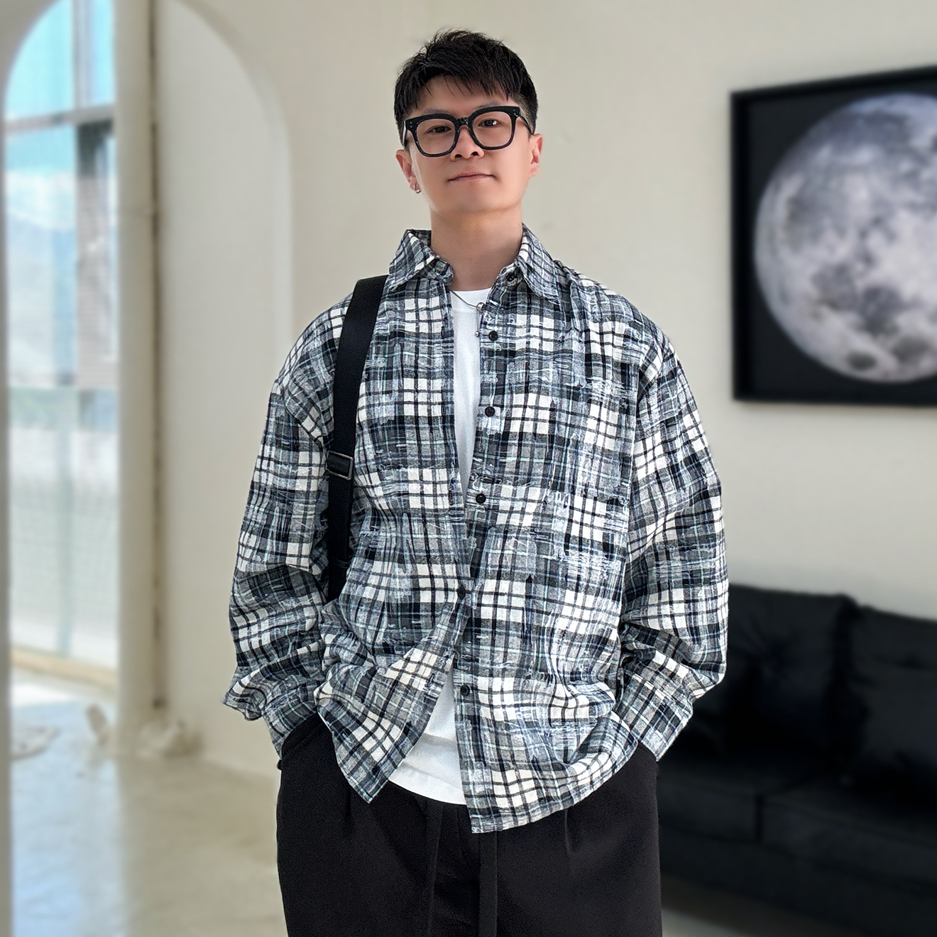 陆星家【磨毛双色格】美式做旧复古秋季格子男外套宽松长袖衬衫C212