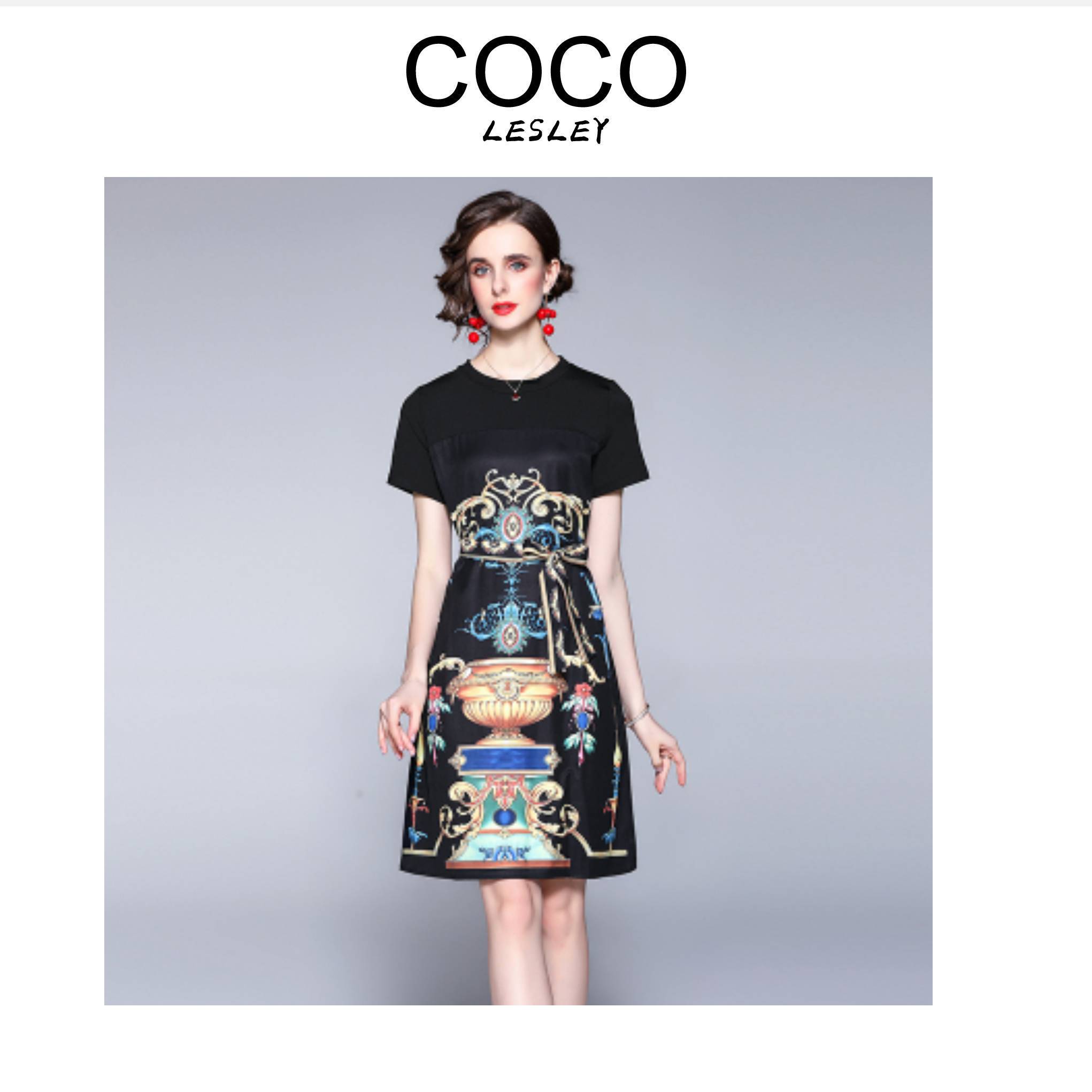 【CoCoLesly】夏女装复古风圆领短袖拼接优雅印花短裙连衣裙