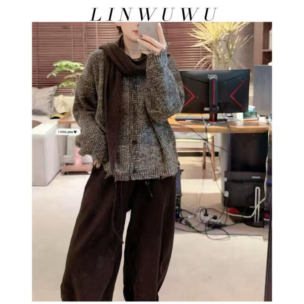 【林五五定制】2025秋冬时尚圆领长袖下摆破边杂色宽松毛衣2813