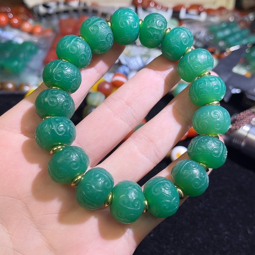 玛瑙/玉髓未镶嵌珠宝半成品回纹绿玛瑙手串卡15.8mm