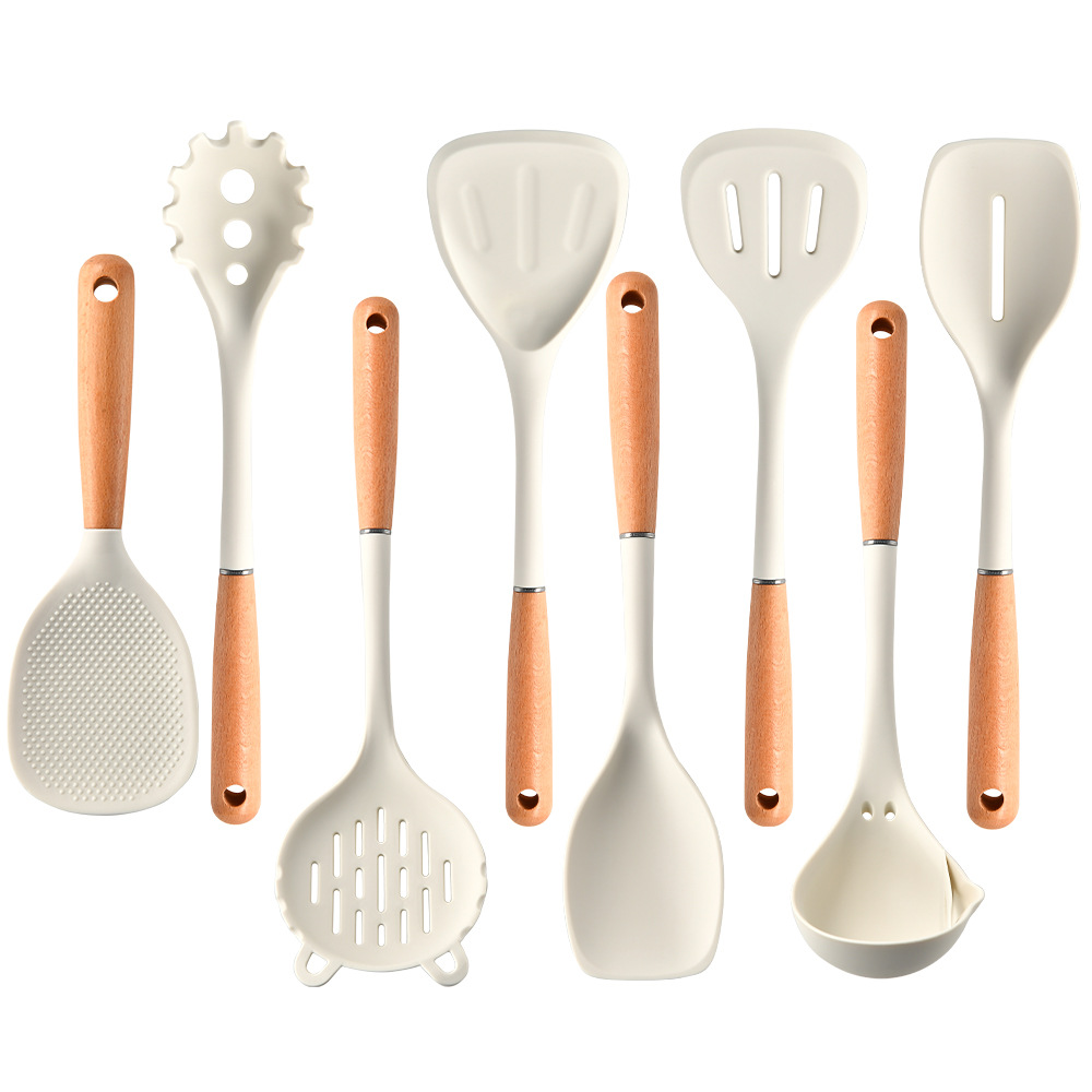 白色木柄硅胶铲厨具套家用不粘锅硅胶蘑菇铲厨房烹饪厨具套装