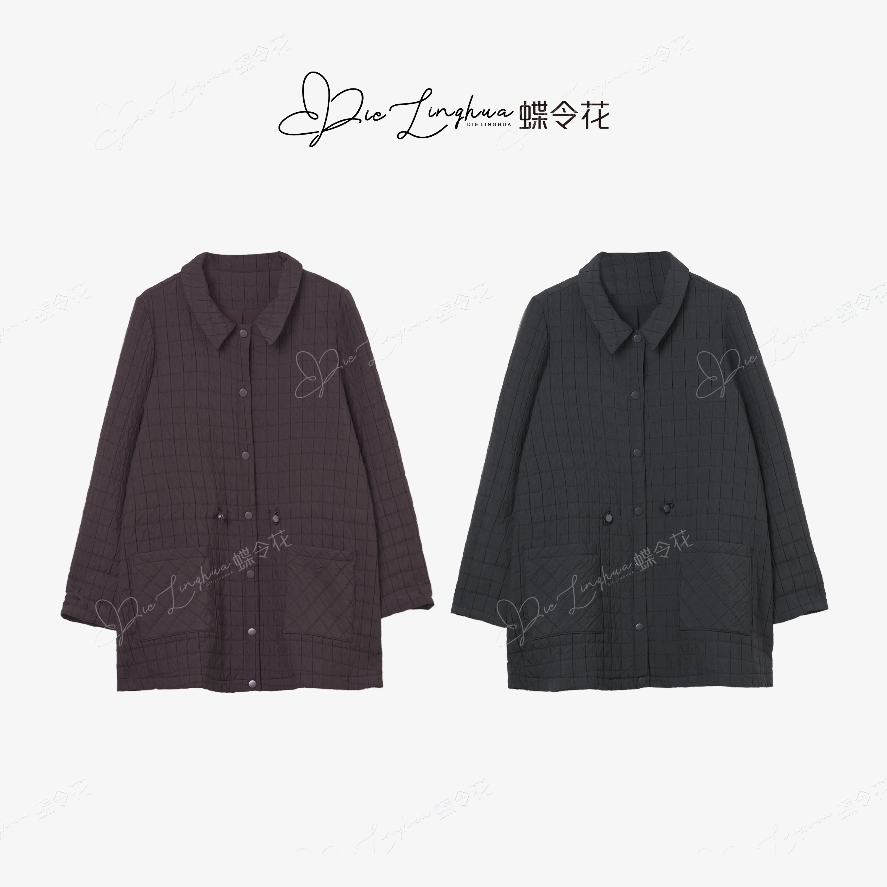 蝶令花秋季新品简约经典时尚保暖宽松百搭抽绳设计格纹棉衣520219