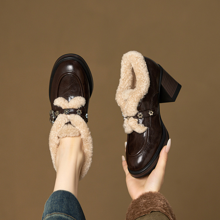 羊毛/7cm/高跟冬季复古港风保暖厚款乐福鞋时尚厚底加绒英伦风