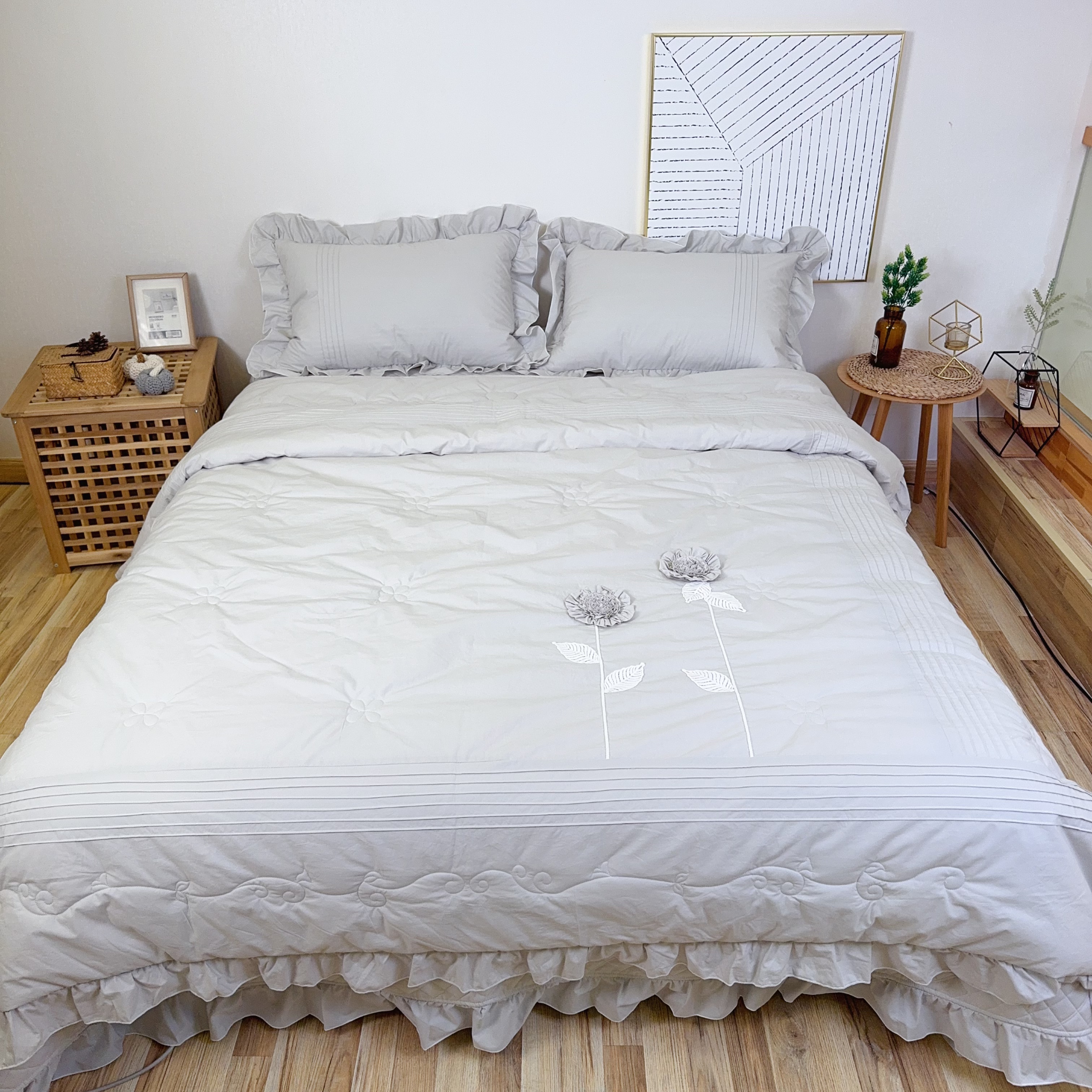  韩式100%纯棉舒适盘花浪漫简约透气飞边四件套 (月美大套)