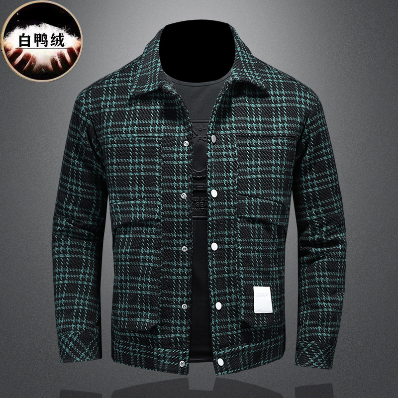 冬季羽绒服男 黑绿格子翻领羽绒服美式呢料羽绒