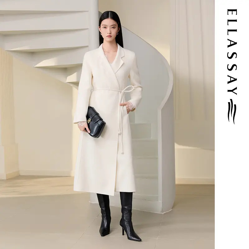 ELLASSAY歌力思2025秋冬新款系带收腰长款毛呢大衣女EWU364D00500