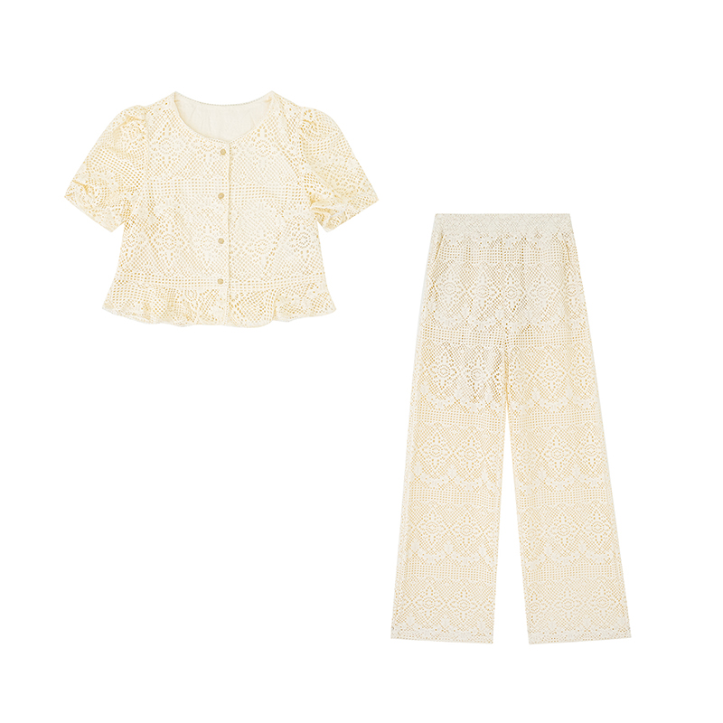 （女装）015 小众减龄洋气蕾丝短袖上衣搭配高腰显瘦直筒长裤套装