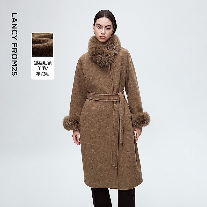 朗姿奢雅狐狸毛领气质高级感呢子外套2025年冬季新款毛呢大衣