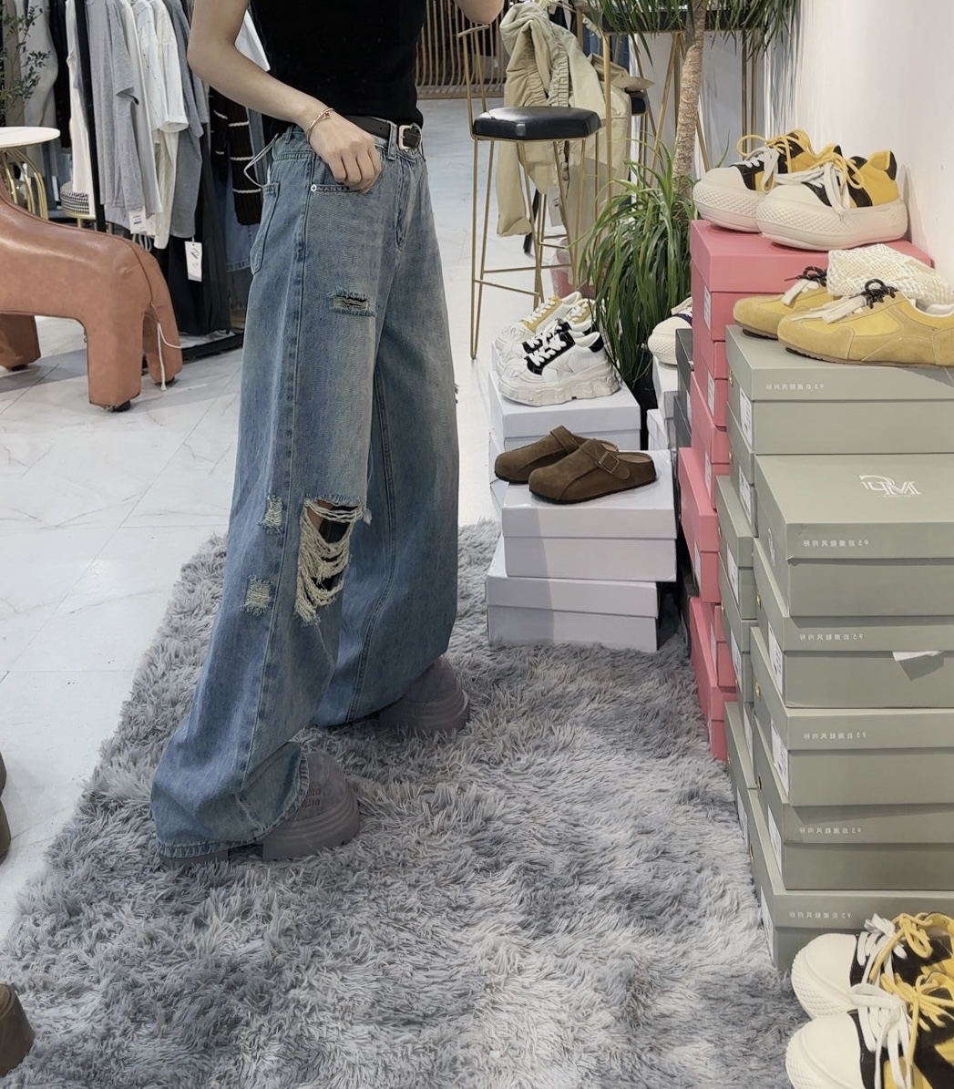洋气阔腿牛仔破洞裤闺蜜女装
