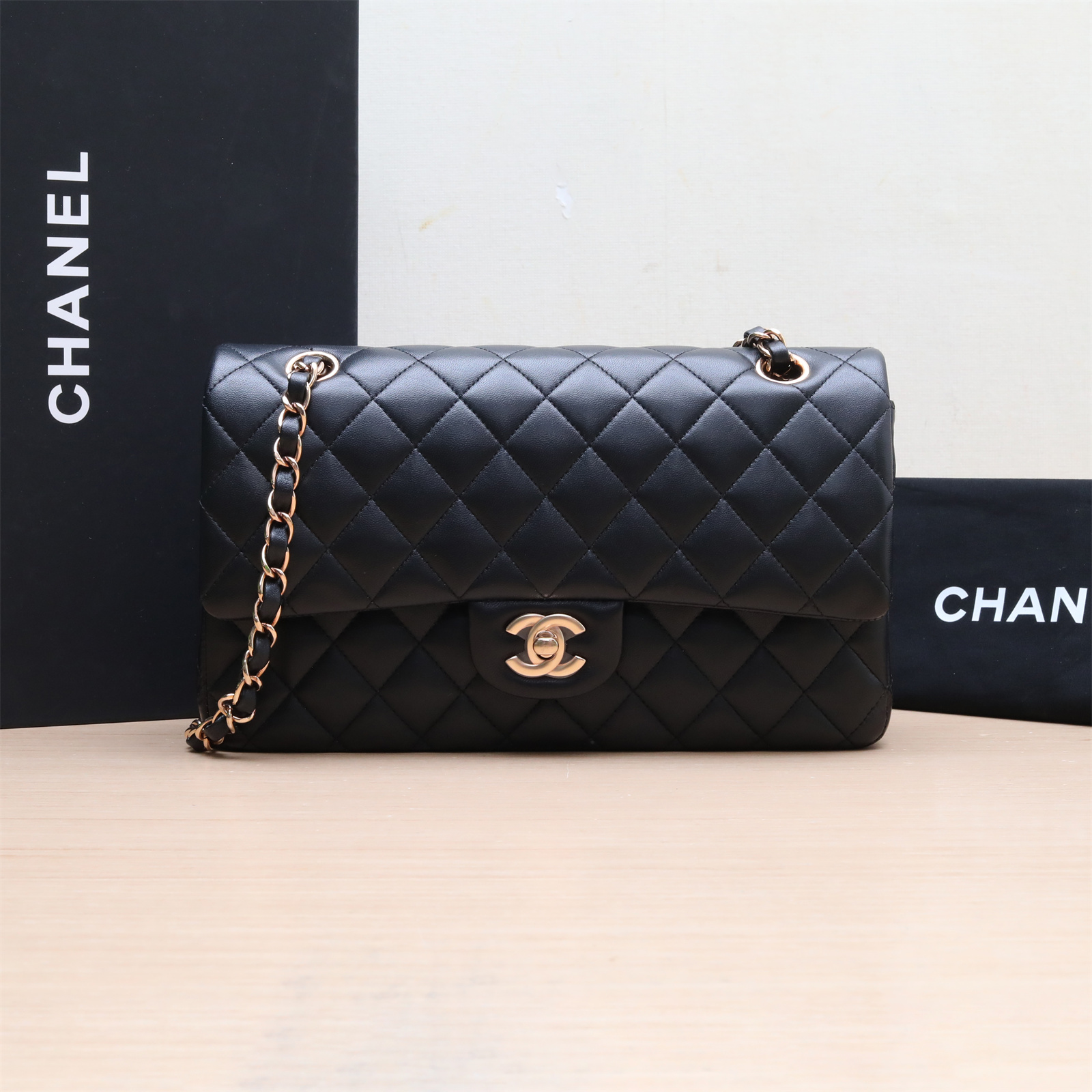 99新 Chanel/香奈儿 小花双双 CF口盖包 中号 黑色 芯片 玫瑰金扣