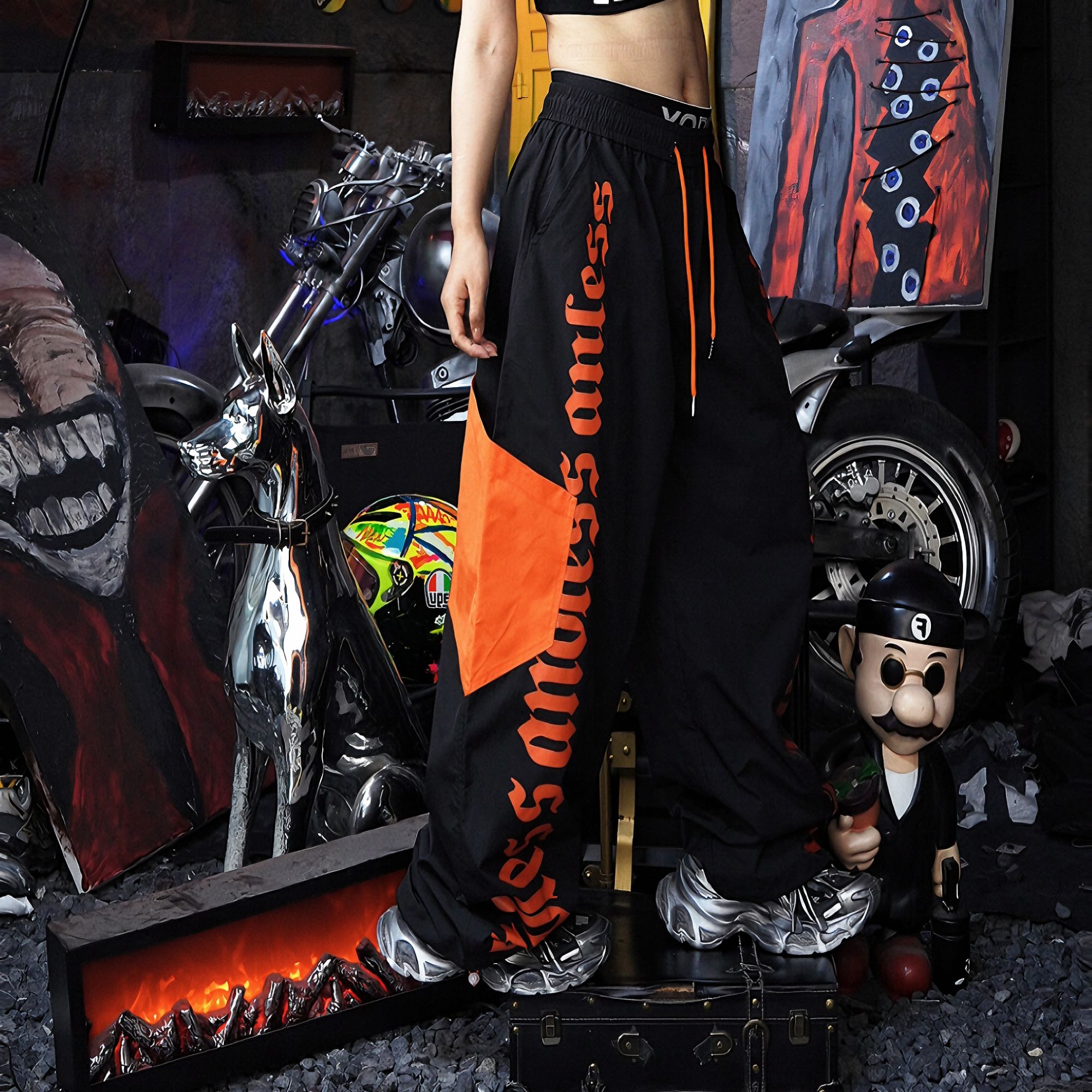 美式复古条纹街头高腰休闲裤男女oversize运动街头百搭阔腿裤