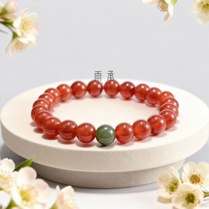 红玛瑙8mm圆珠搭配和田玉碧玉手链单圈简约百搭
