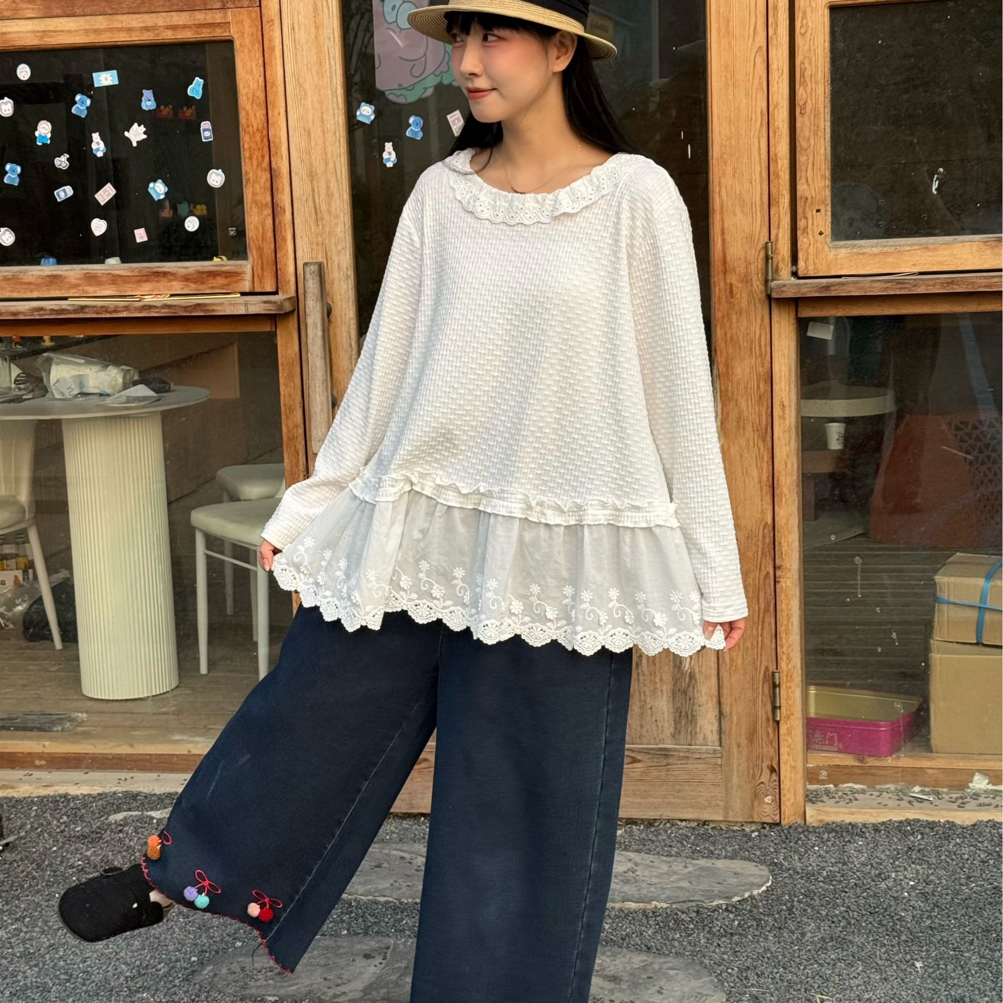 火火【山茶花白】设计感百搭花边下摆叠穿显瘦衬衣拼接蕾丝绣花T恤