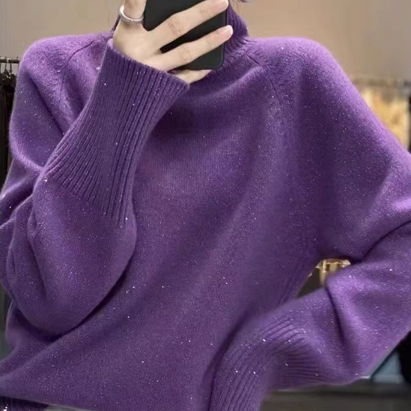 秋冬新款高领亮丝羊毛衫女设计感宽松韩版加厚套头毛衣针织打底衫