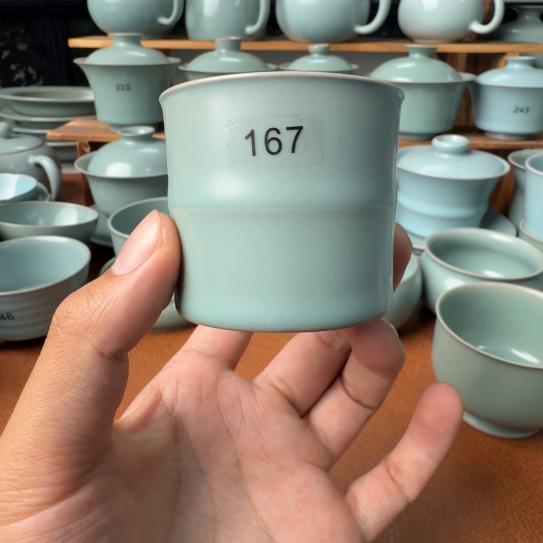 摆件陶167号微瑕仿古青绿超薄胎竹节杯