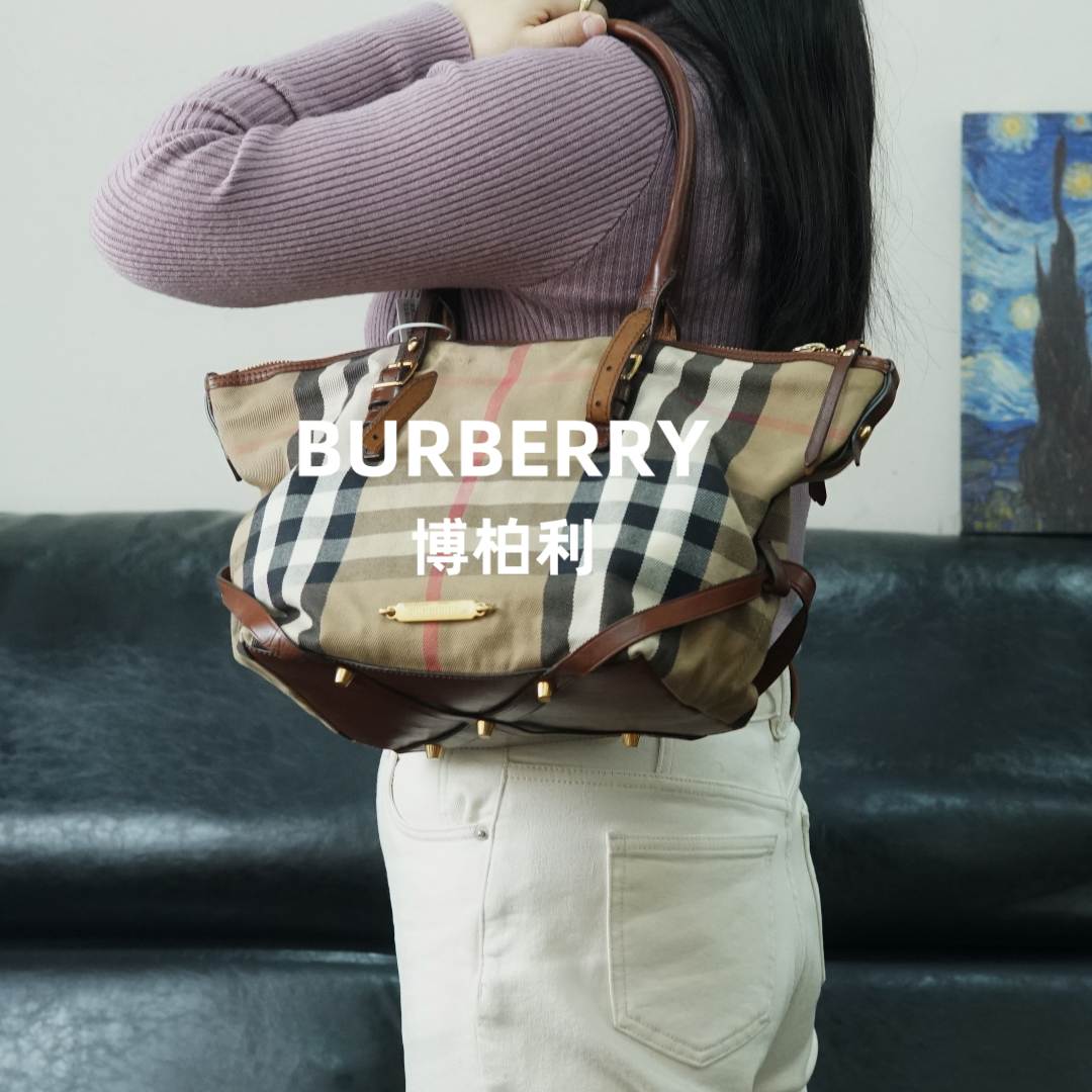95新 BURBERRY/博柏利 布面格纹拼皮手提包/SD12527057/7057