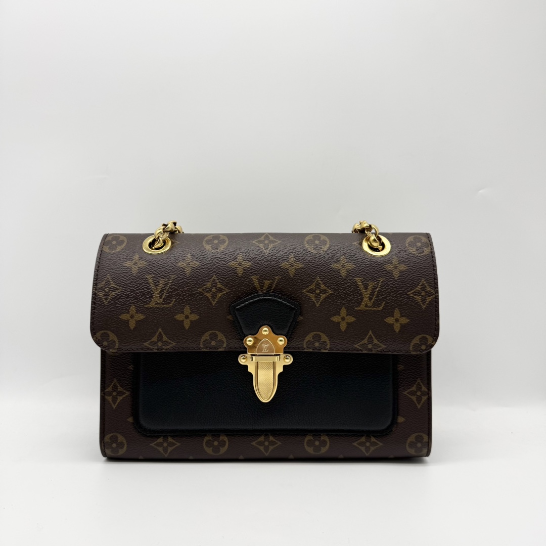 95新 LouisVuitton/路易威登 维多利亚 老花 黑色 拼皮 链条包