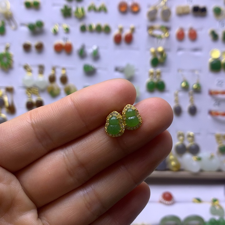 毛***麻和田玉银S925镶嵌耳饰