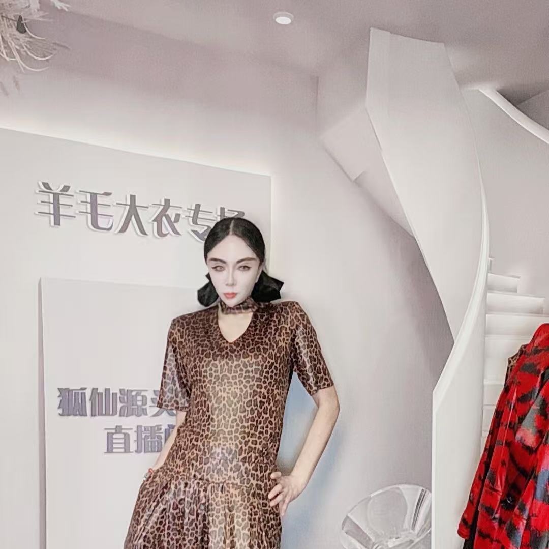 2442小豹纹短袖套装时尚连衣裙气质网红显瘦打底设计师轻奢