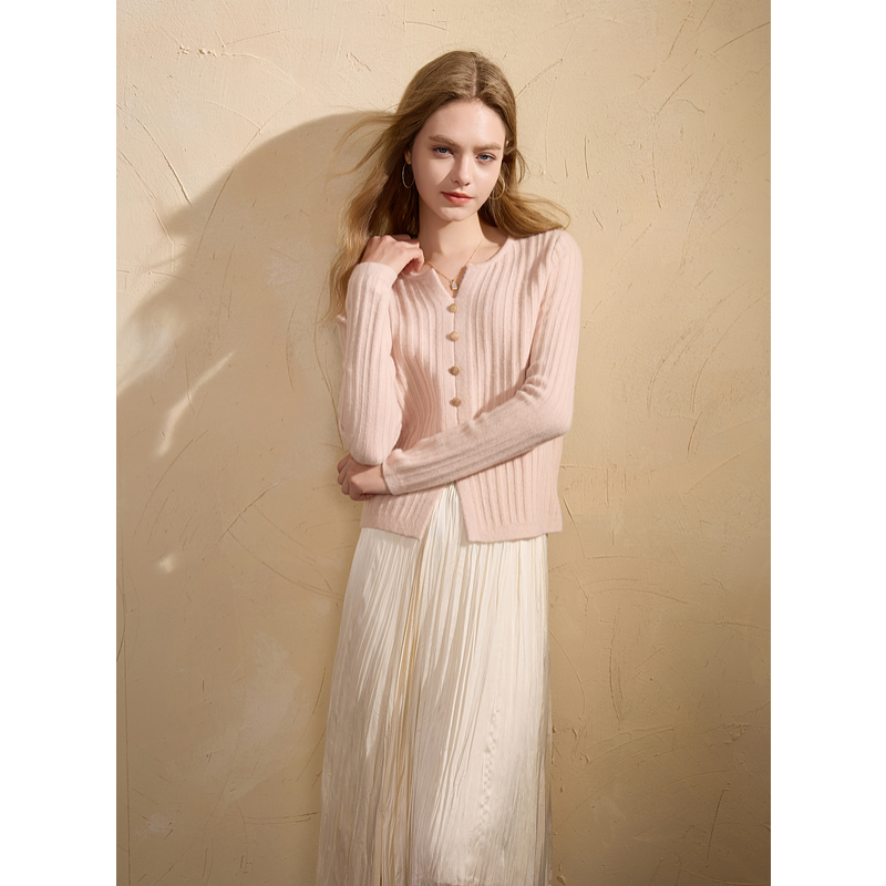 三彩2025冬季新款纯色坑条针织衫开叉正肩毛衣套头衫显瘦简约女M