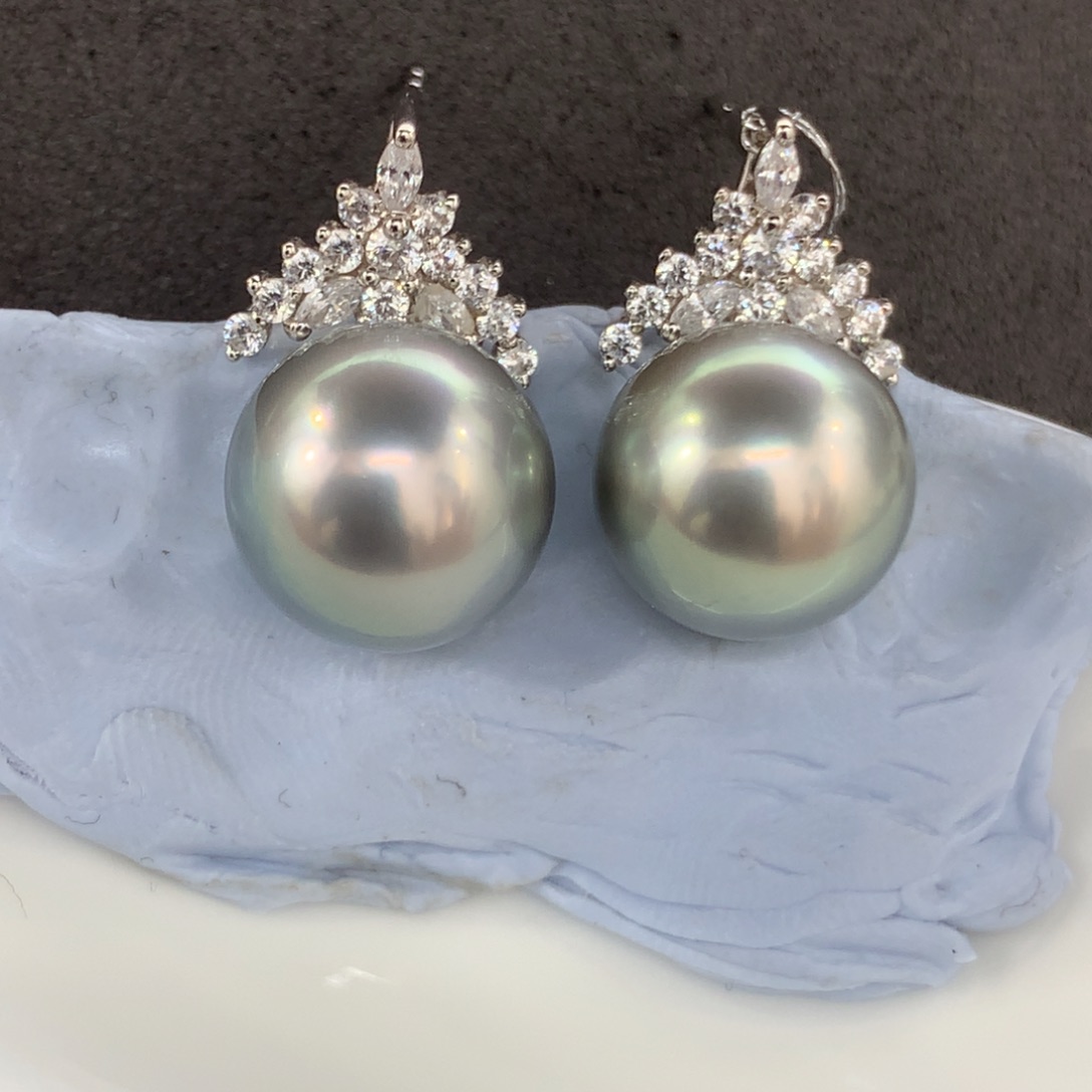 定制海水珍珠18K金镶嵌耳饰11-11.2mm大溪地2颗