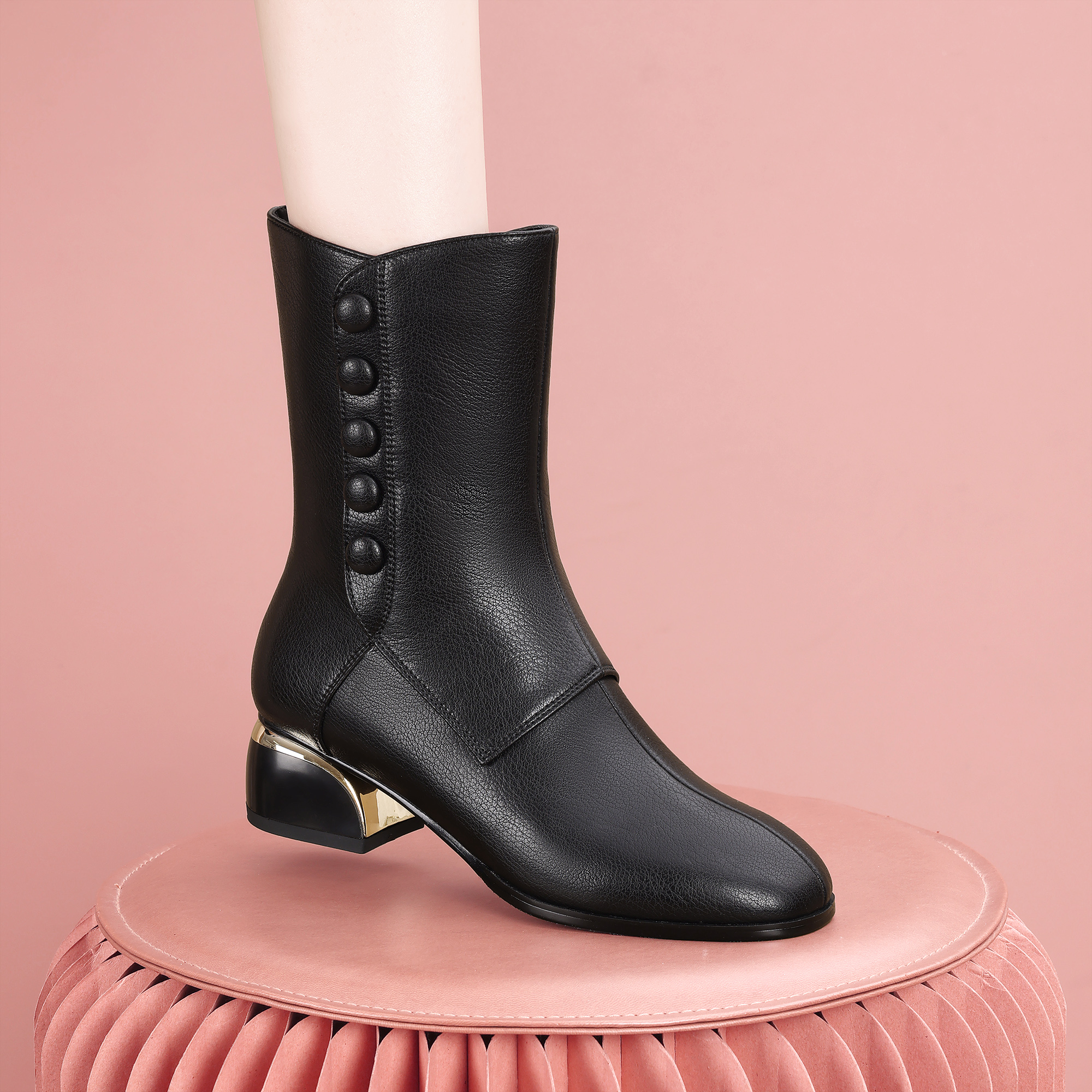 梵芮诗复古中筒靴2025冬季纯色手工小众百搭通勤女靴-J2311