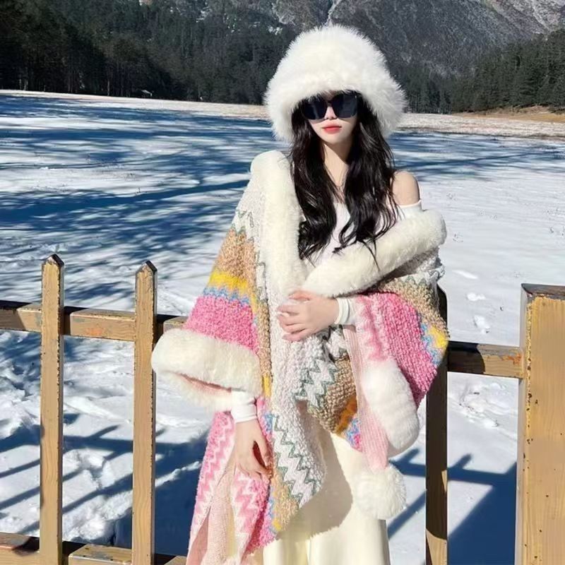 复古马夹民族风披肩网红针织时尚羊绒宽松百搭连帽秋冬气质