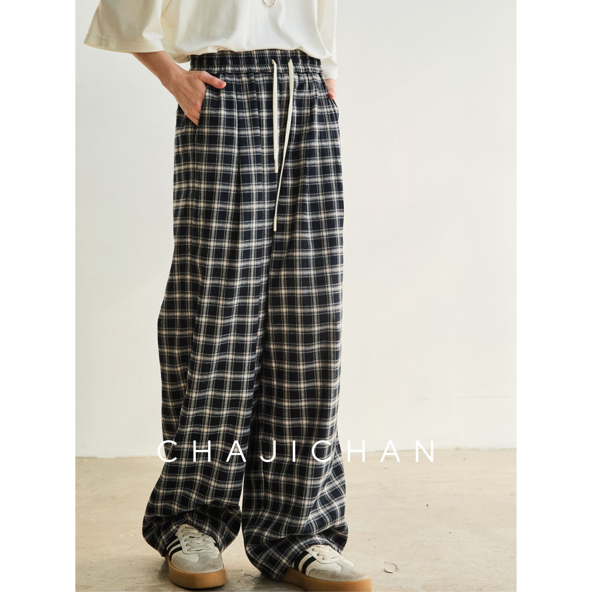 CHAJICHAN 棉质格纹休闲裤女士春夏款简约百搭款抽绳松紧腰