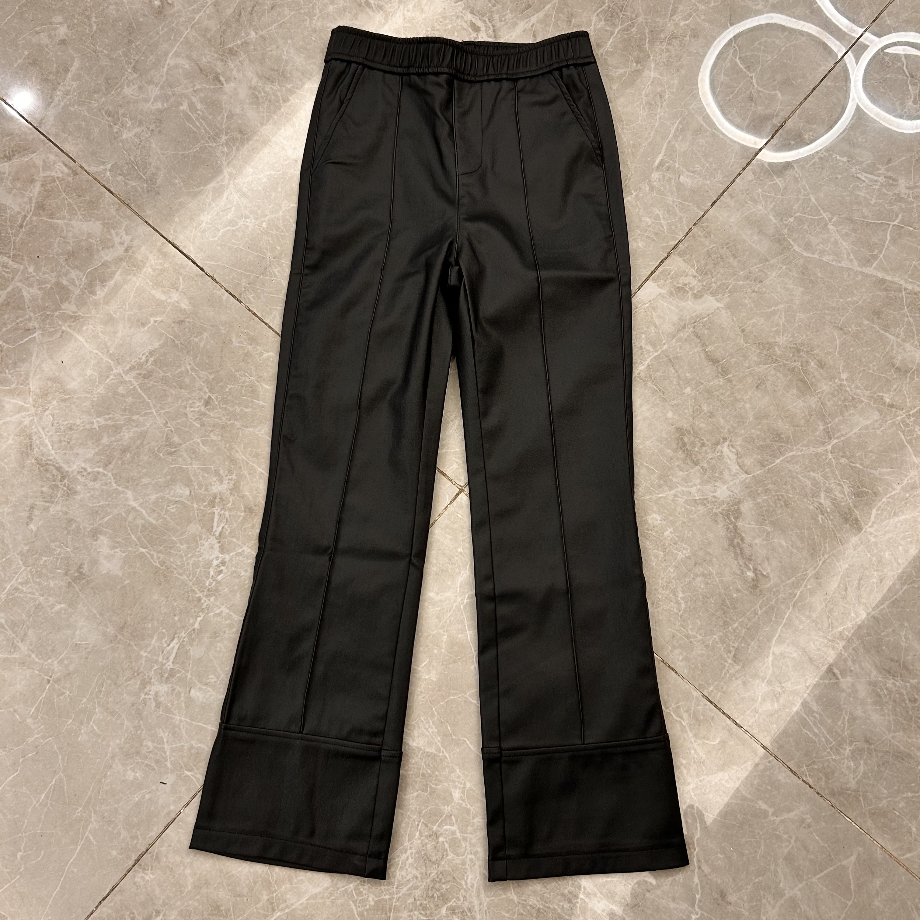 新款时尚高腰松紧腰皮裤PU皮女微喇九分裤显瘦百搭裤子