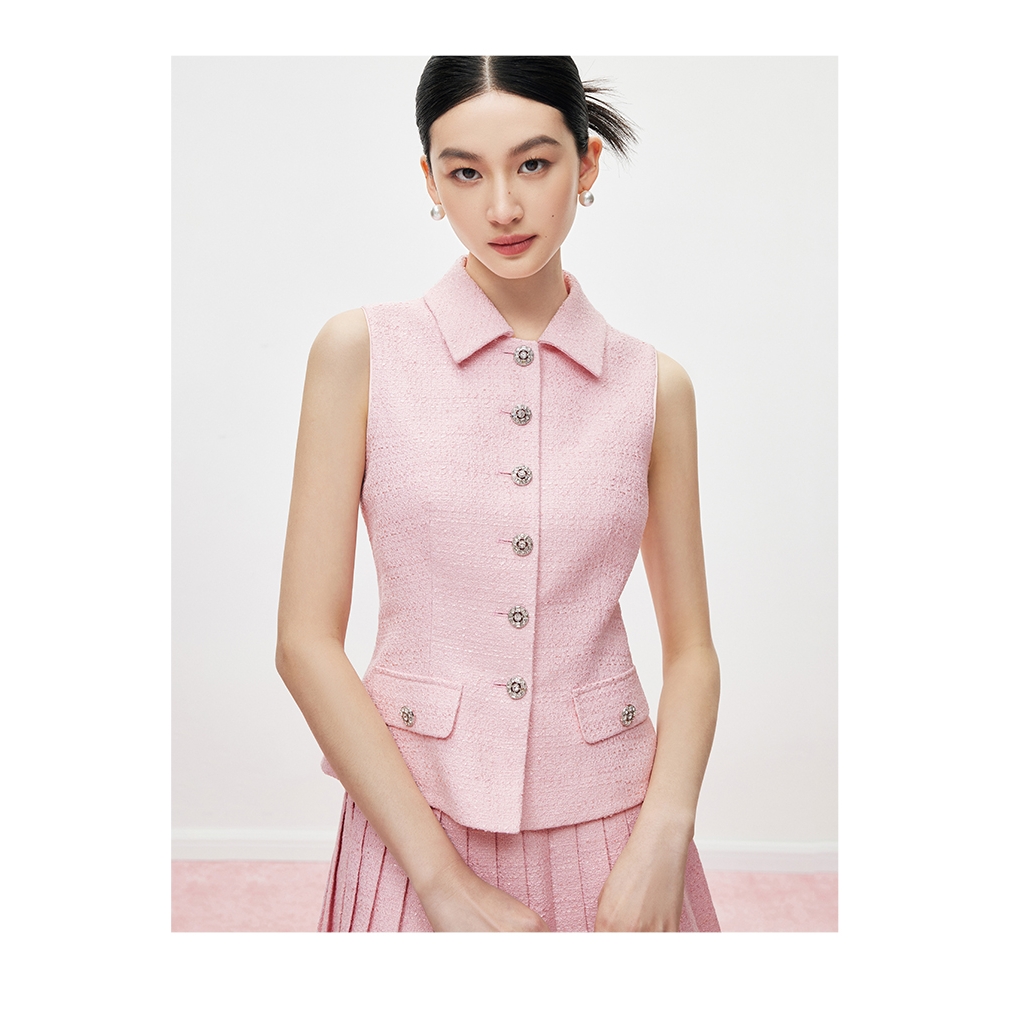 【MandyZhang】法式粉色小香风背心马甲女春季气质无袖短款小上衣