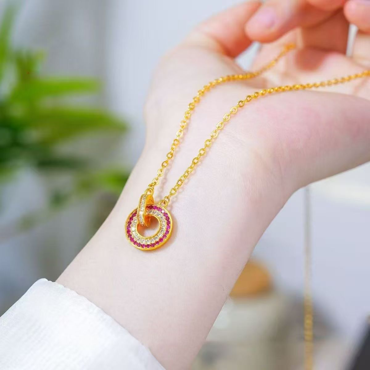 铜合金项链 爆款热卖环扣玫红钻项链A21