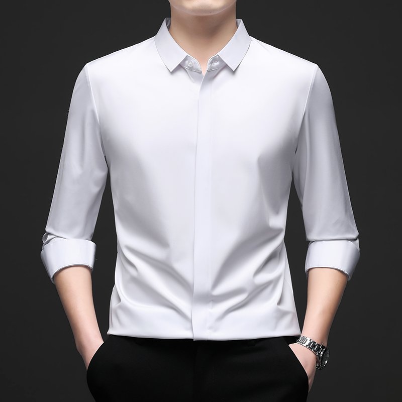 男士高档纯色高弹无痕内穿长袖职业工装百搭商务休闲白色时尚衬衫