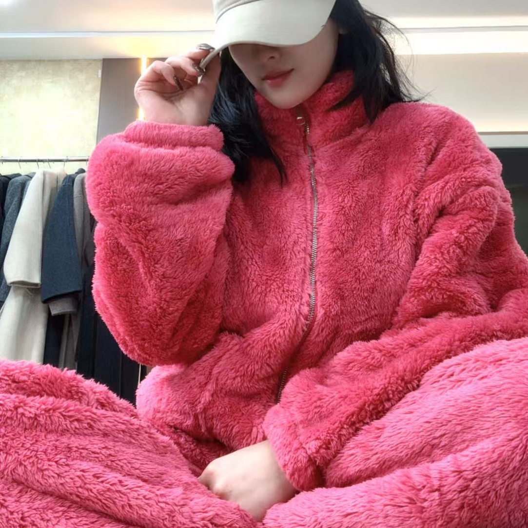 秋冬季加绒加厚珊瑚绒立领拉链大口袋睡衣女可外穿家居服套装保暖