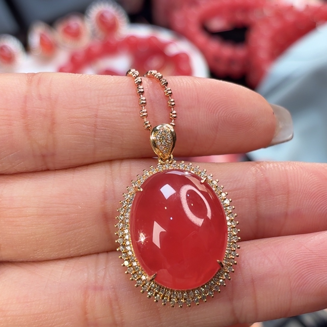 菱锰矿（红纹石）18K金镶嵌吊坠(不含链)