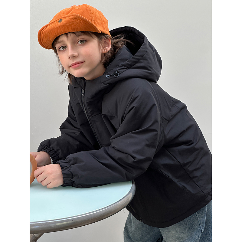 Mast亲子装中大童纯色加绒连帽上衣2025秋冬新款青少年拉链外套