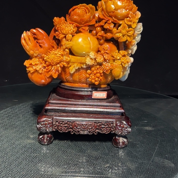 寿山石花篮石雕摆件