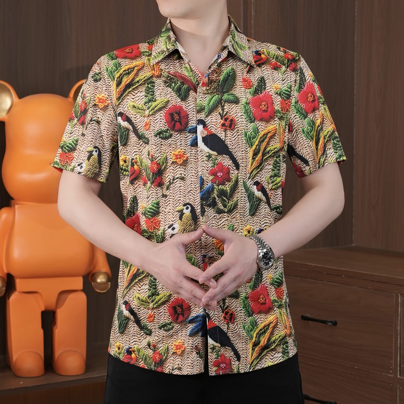 夏季男款花卉图案衬衫衬衣男士休闲百搭复古潮流提花提花时尚薄款