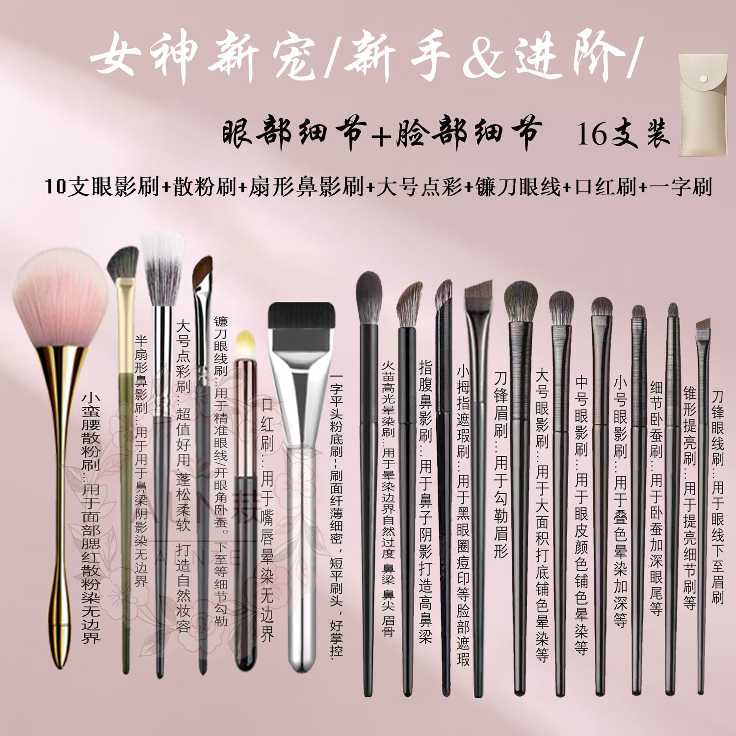 沧州软毛16件眼影刷套装眼妆量染卧蚕眼线刀锋眼部细节小号化妆刷