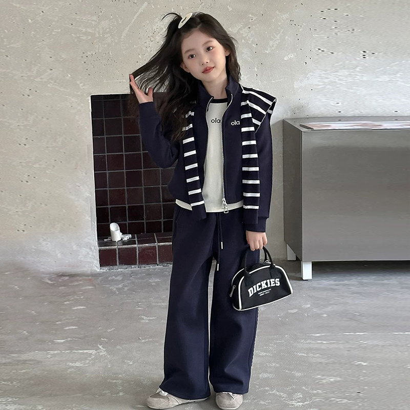 女童披肩套装2025新款秋季儿童运动服女孩休闲卫衣卫裤长裤三件套