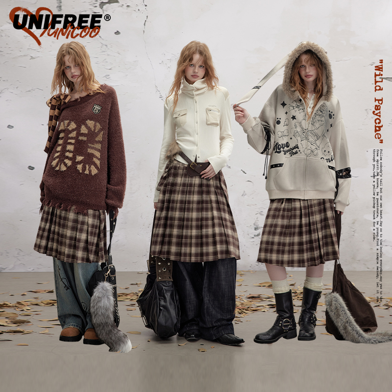 【芋总专属】UNIFREE美拉德格纹半身裙棕色复古显瘦A字版长款百褶裙