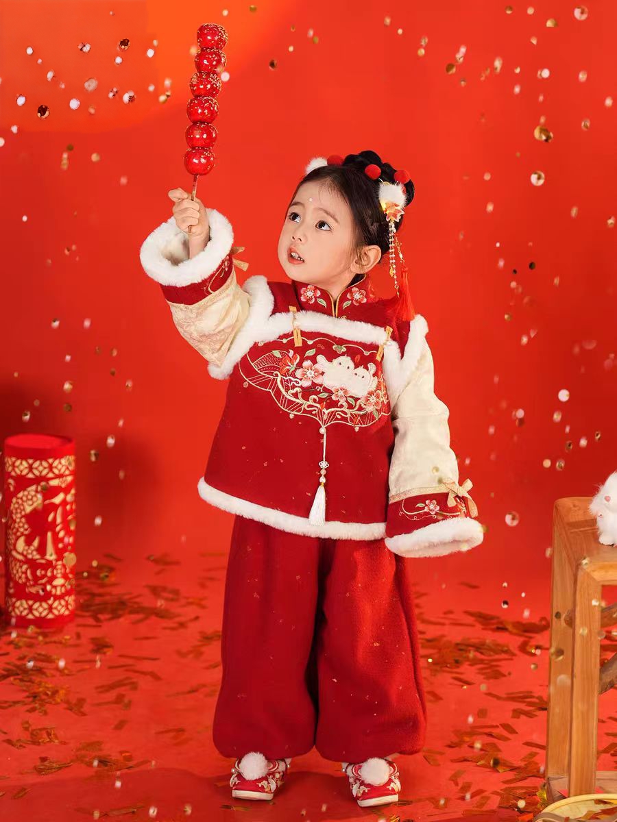 现货【抱夕鸟】GF054女童冬季加绒加厚上衣裤子套装中国风拜年服