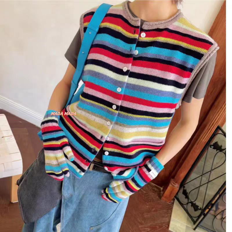 新款时尚彩色条纹针织毛衣马甲7376