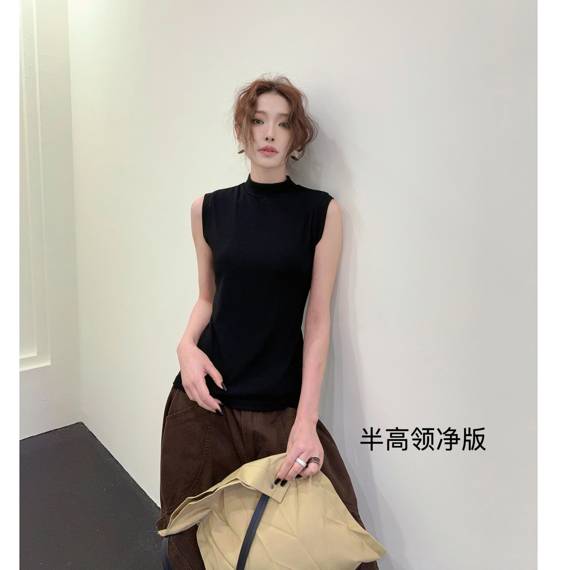 吊带复古港风运动风慵懒风修身简约背心半高领女士