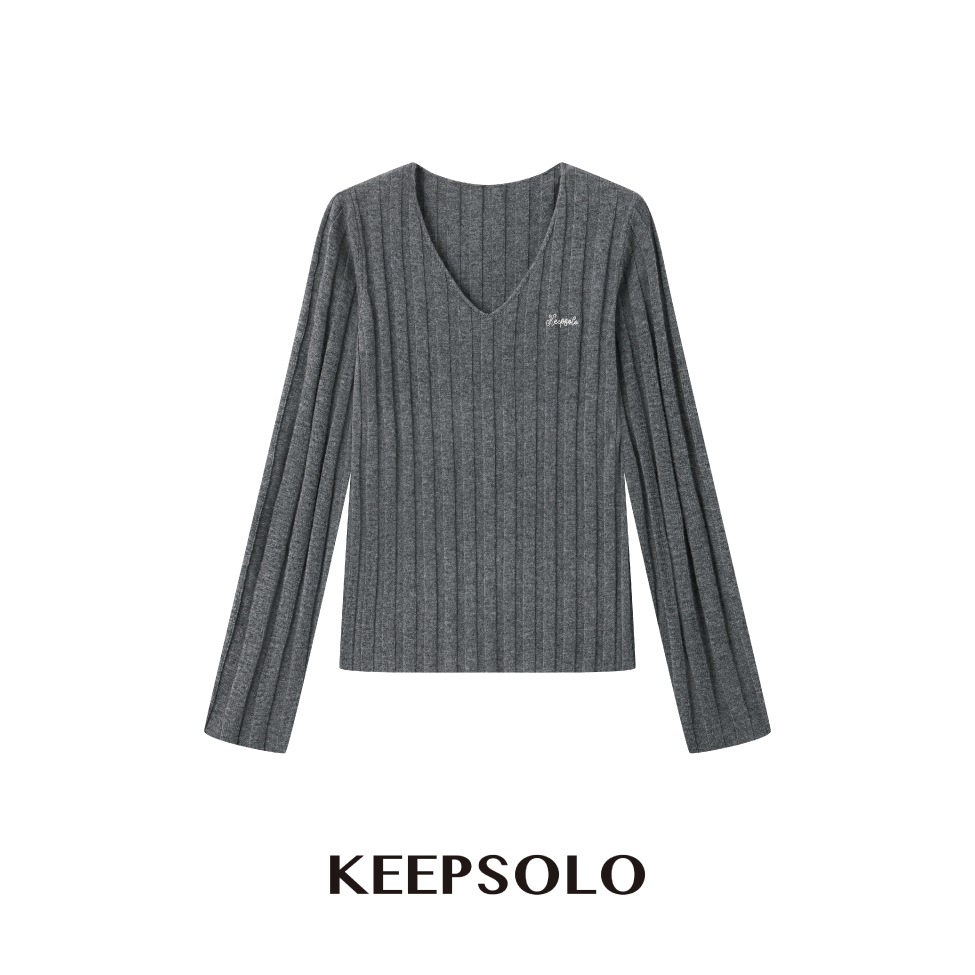 KeepSolo「宽松休闲」V领羊毛竖坑条纹毛衣024
