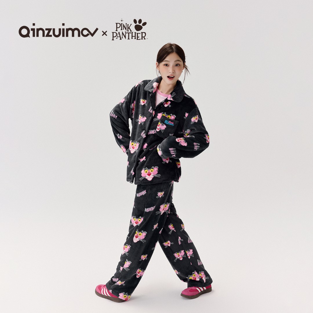 亲嘴猫【粉红豹】秋冬季加厚法兰绒睡衣女保暖家居服套装可外穿翻领