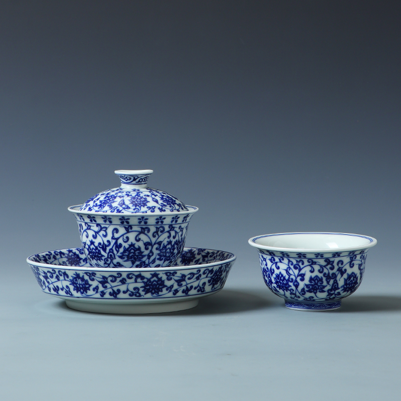 景德镇青花瓷手绘缠枝莲三才盖碗可悬停旋转功夫茶具公司活动礼品