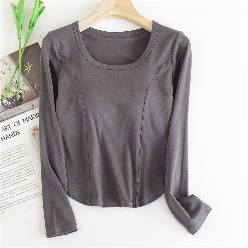 春秋季圆领不规则下摆正肩修身长袖T恤女胸垫一体免穿文胸打底衫