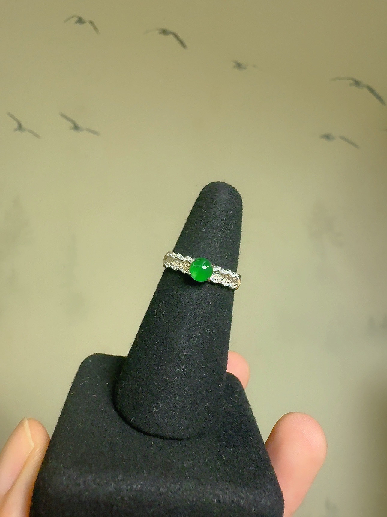 纯天然翡翠A货S925银镶嵌蛋面戒指精致百搭款戒指可调节