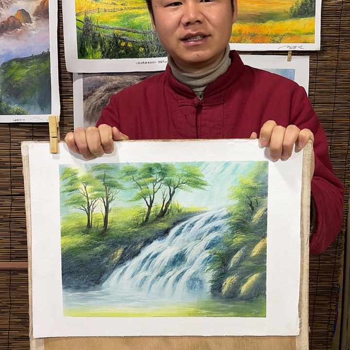 油画行路人小院绘画作品